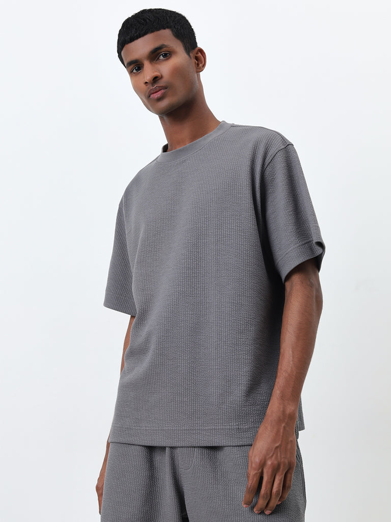 Studiofit Grey Self-Textured Relaxed-Fit T-Shirt