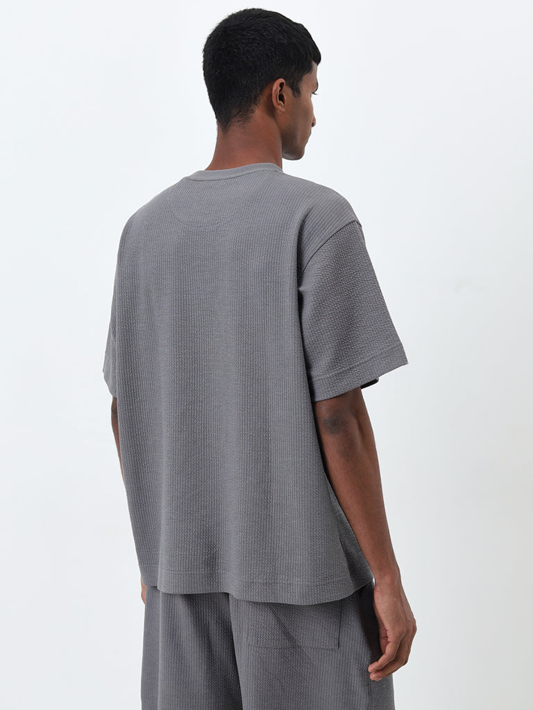 Studiofit Grey Self-Textured Relaxed-Fit T-Shirt