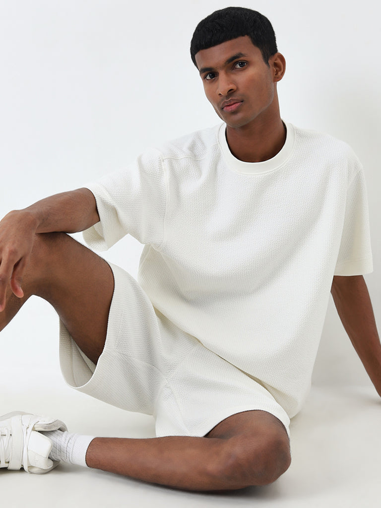 Studiofit White Textured Relaxed-Fit T-Shirt