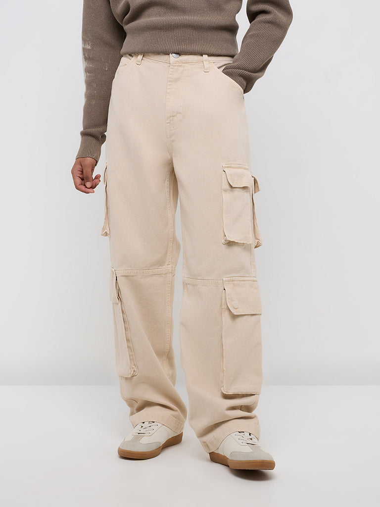 Nuon Beige  Cargo-Style Relaxed - Fit Mid - Rise Jeans