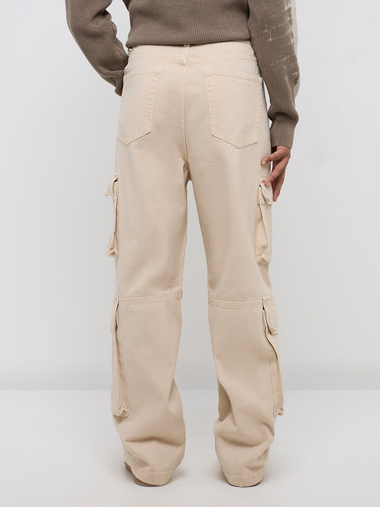 Nuon Beige  Cargo-Style Relaxed - Fit Mid - Rise Jeans