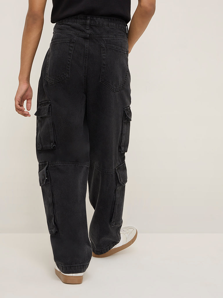 Nuon Charcoal Cargo-Style Relaxed - Fit Mid - Rise Jeans