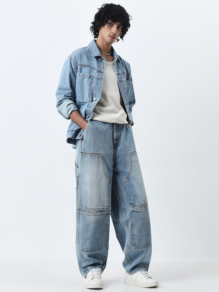 Nuon Light Blue Cargo-Style Relaxed-Fit Mid-Rise Jeans