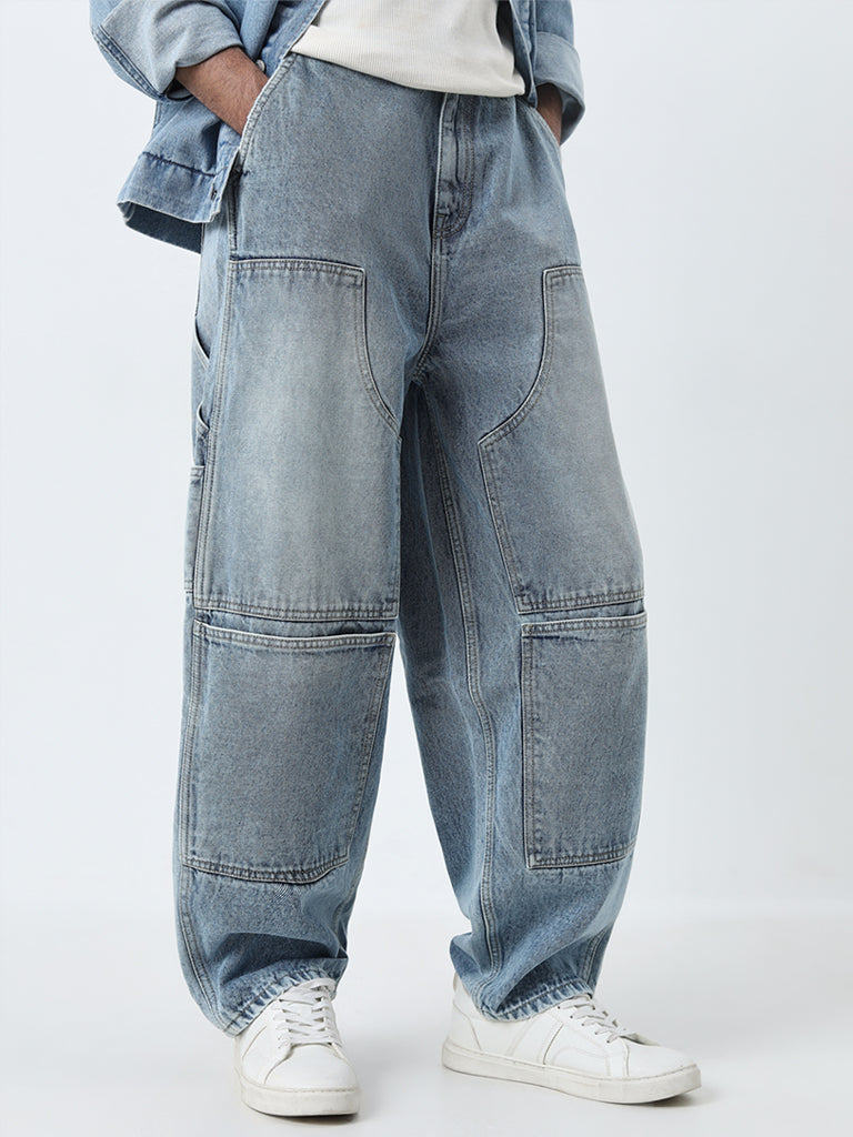 Nuon Light Blue Cargo-Style Relaxed-Fit Mid-Rise Jeans