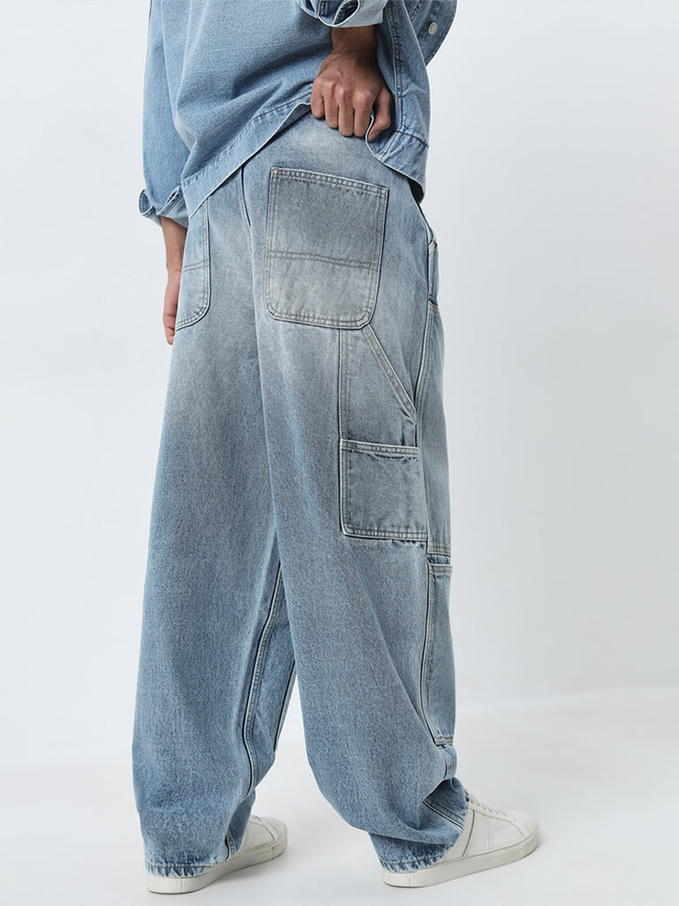 Nuon Light Blue Cargo-Style Relaxed-Fit Mid-Rise Jeans