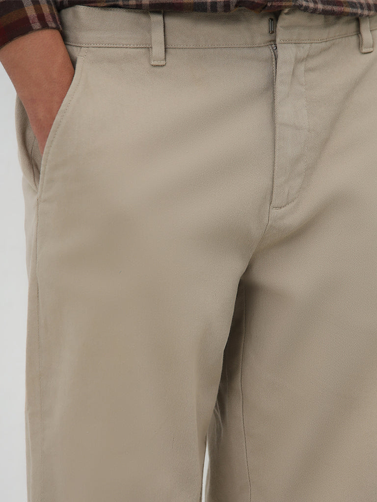 Nuon Beige Straight Fit Mid-Rise Cotton Blend Trousers