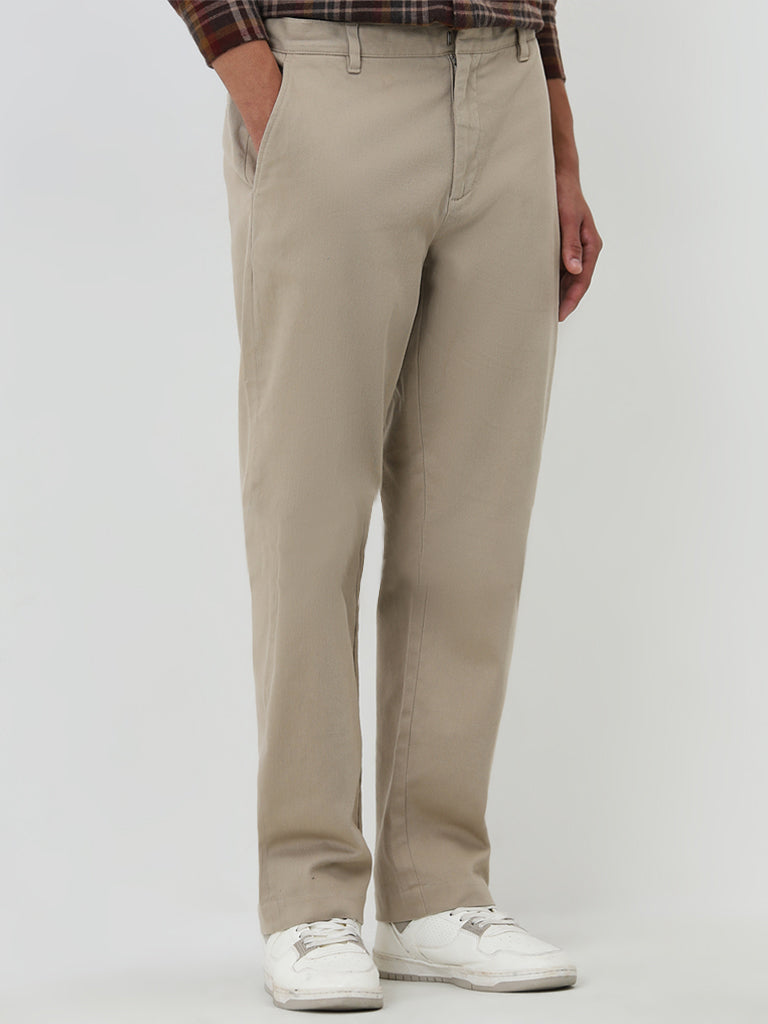 Nuon Beige Straight Fit Mid-Rise Cotton Blend Trousers