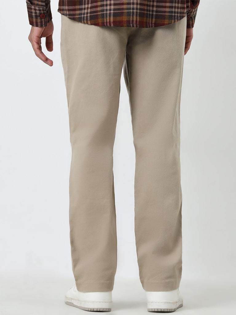 Nuon Beige Straight Fit Mid-Rise Cotton Blend Trousers