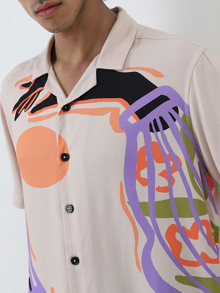 Nuon Beige Abstract Design Relaxed-Fit Shirt