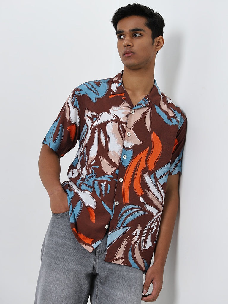 Nuon Brown Abstract Printed Relaxed-Fit Shirt