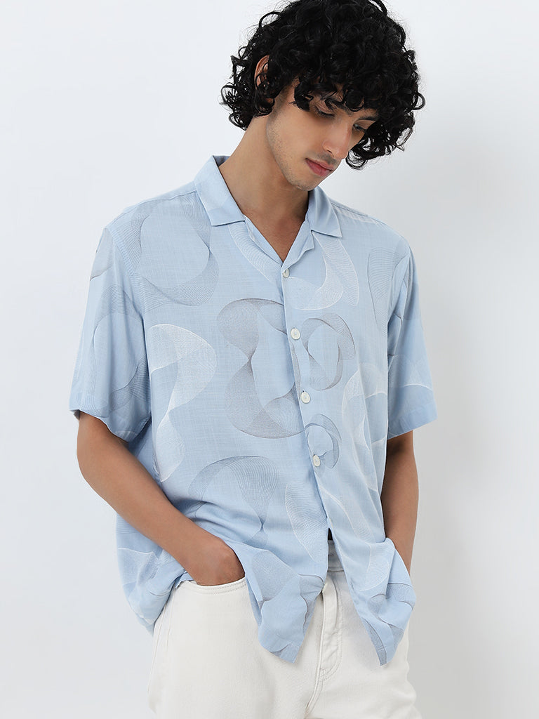 Nuon Light Blue Abstract Printed Relaxed-Fit Shirt