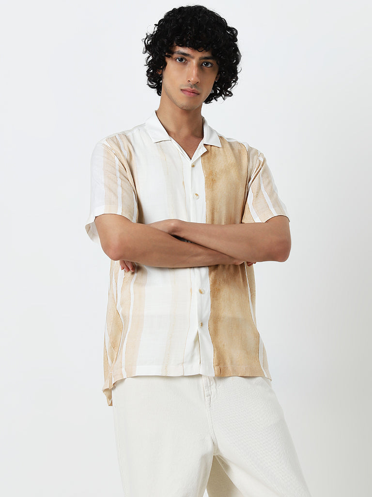 Nuon Beige Stripe Printed Relaxed-Fit Shirt