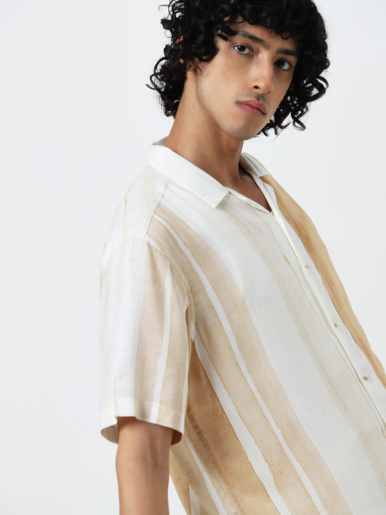 Nuon Beige Stripe Printed Relaxed-Fit Shirt