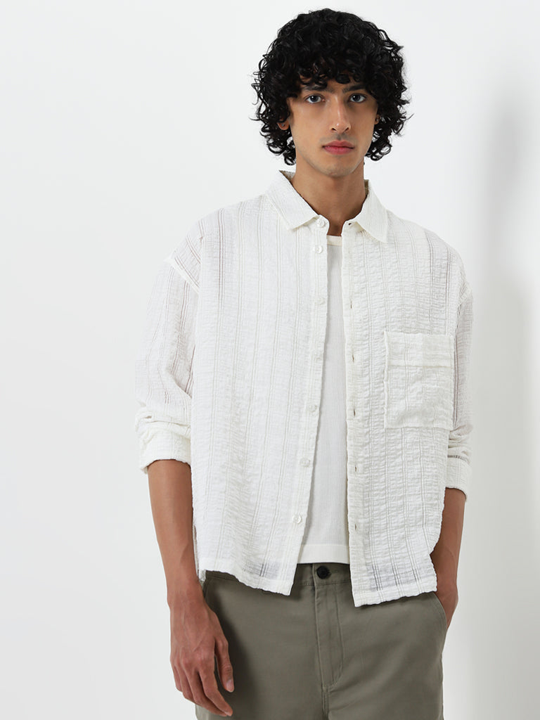 Nuon White Seersucker Striped Boxy-Fit Cotton Shirt