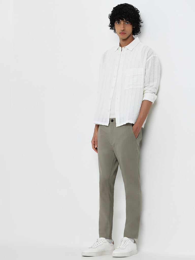 Nuon White Seersucker Striped Boxy-Fit Cotton Shirt