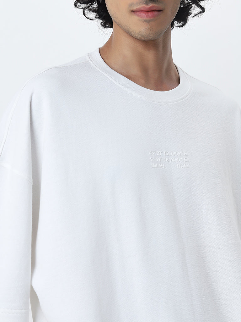 Nuon White Text Printed Relaxed Fit Cotton T-Shirt