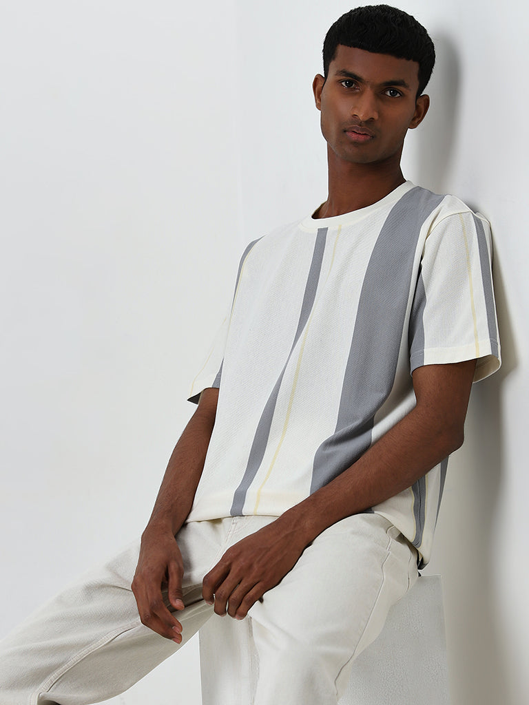 Nuon Grey Striped Relaxed-Fit T-Shirt