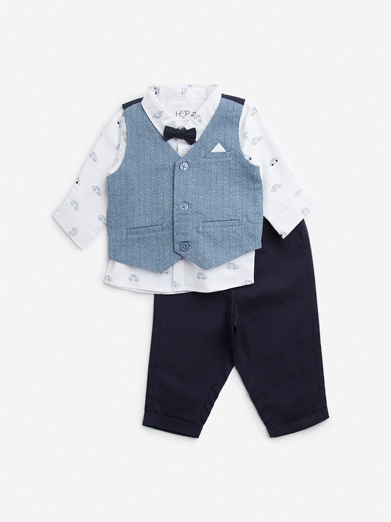 HOP Baby Navy Cotton Waistcoat, Shirt, Trousers & Bow Set