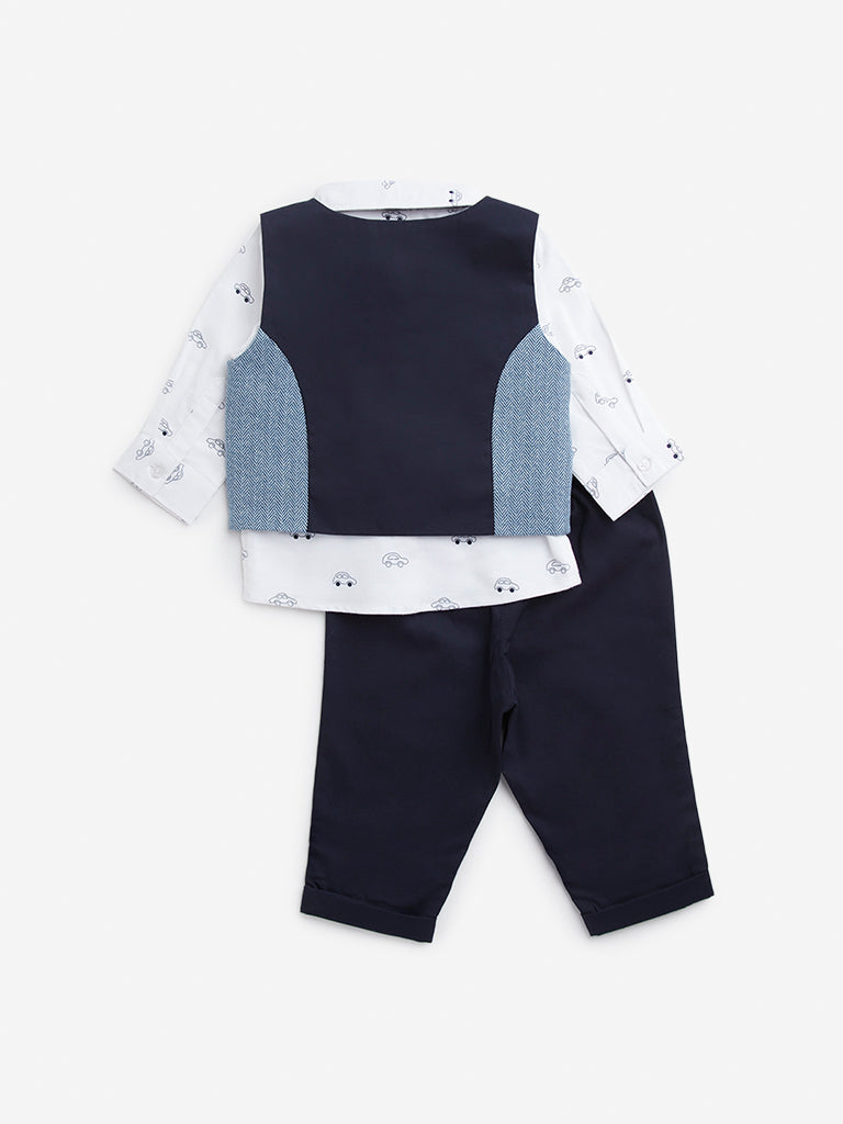 HOP Baby Navy Cotton Waistcoat, Shirt, Trousers & Bow Set