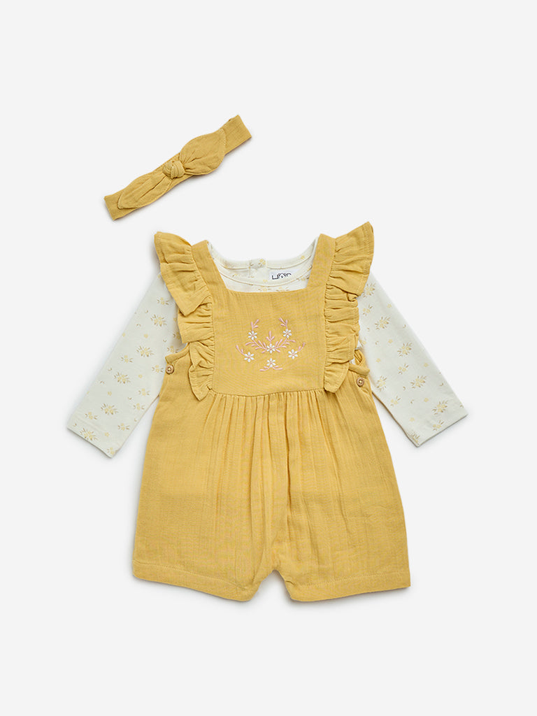 HOP Baby Yellow Cotton Dungaree, T-Shirt and Headband Set