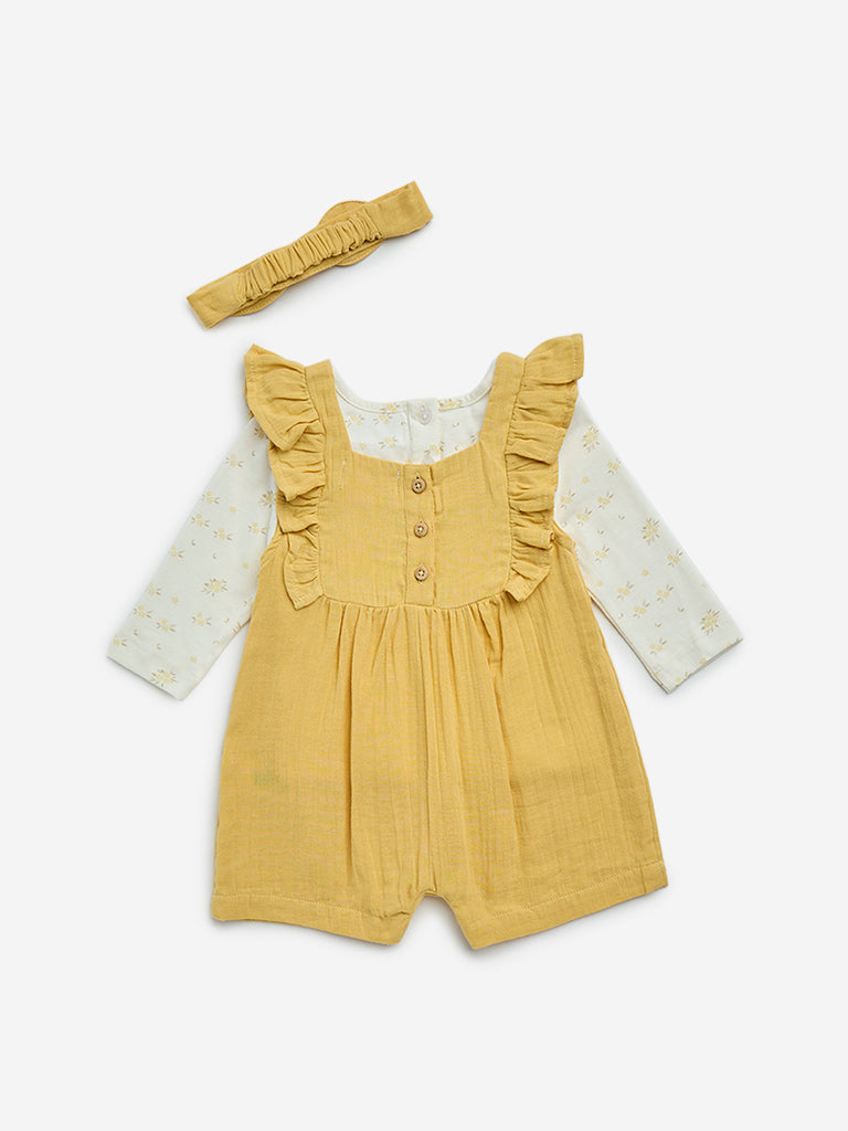 HOP Baby Yellow Cotton Dungaree, T-Shirt and Headband Set