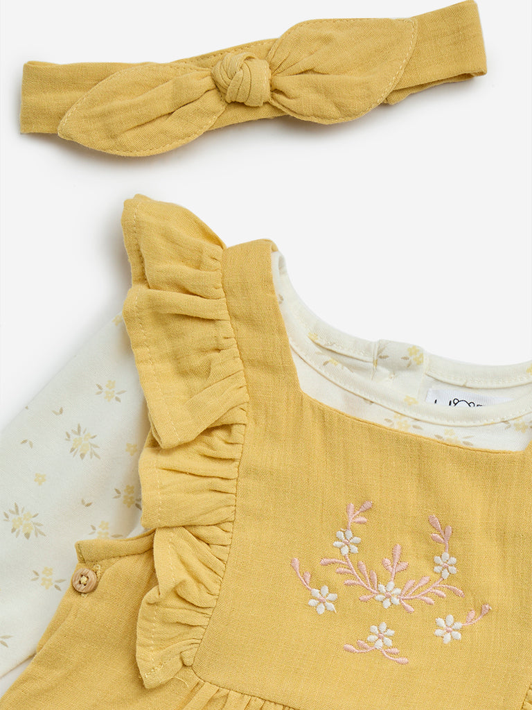 HOP Baby Yellow Cotton Dungaree, T-Shirt and Headband Set