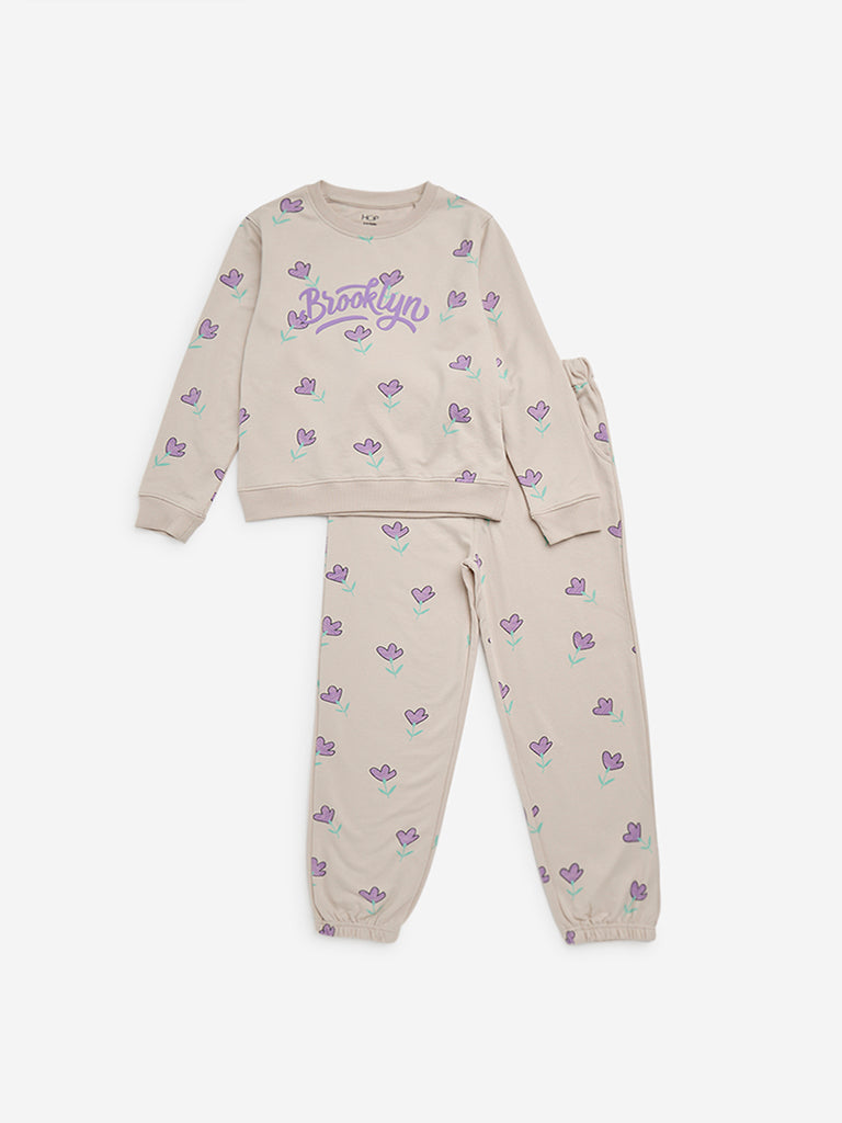 HOP Kids Beige Floral Printed Sweatshirt with Joggers Set 