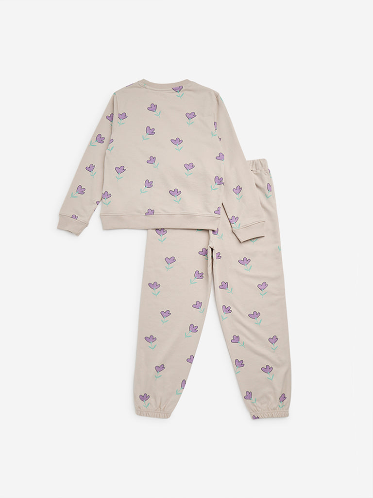 HOP Kids Beige Floral Printed Sweatshirt with Joggers Set 