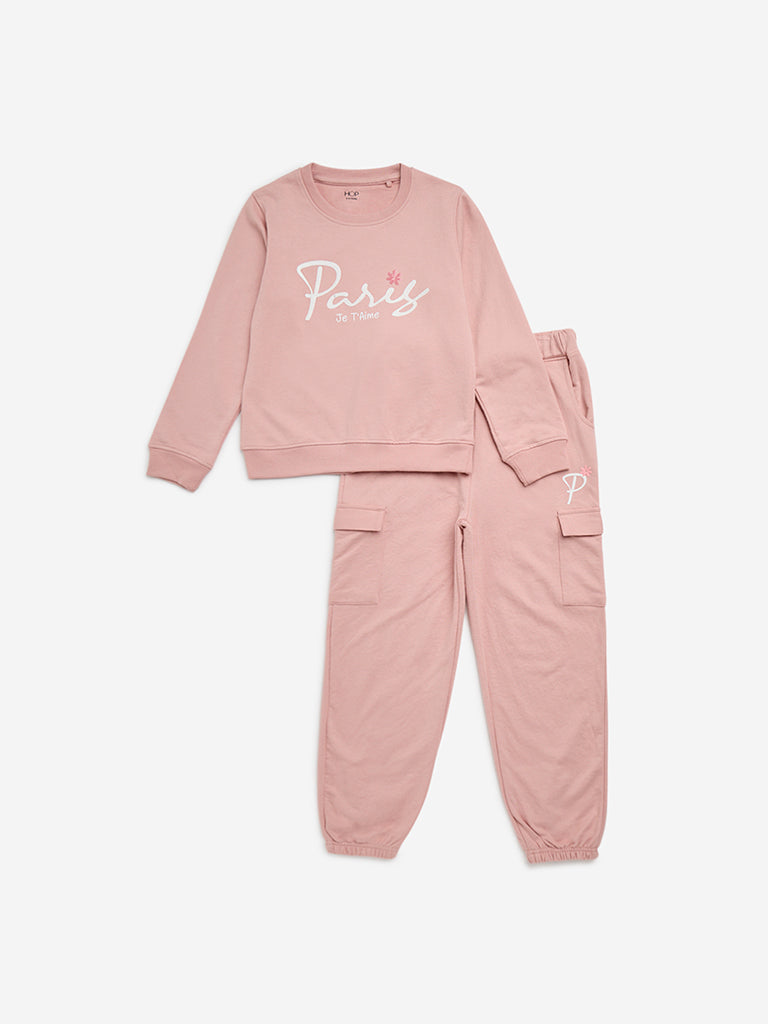 HOP Kids Dusty Pink Text Design Sweatshirt with Joggers Set