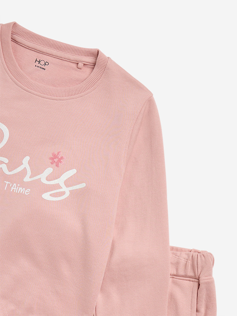 HOP Kids Dusty Pink Text Design Sweatshirt with Joggers Set