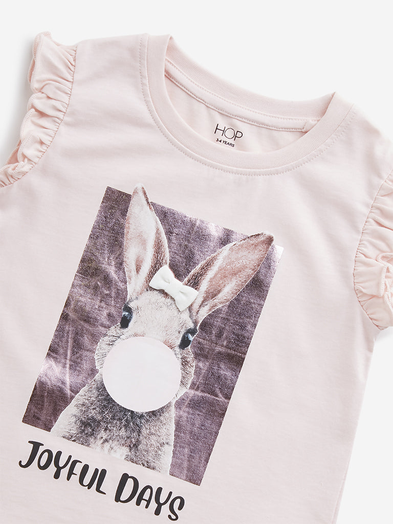 HOP Kids Light Pink Animal Printed Cotton T-Shirt