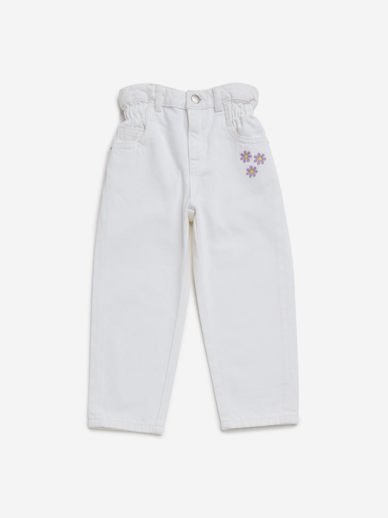 HOP Kids White Floral-Detailed Straight - Fit High - Rise Jeans