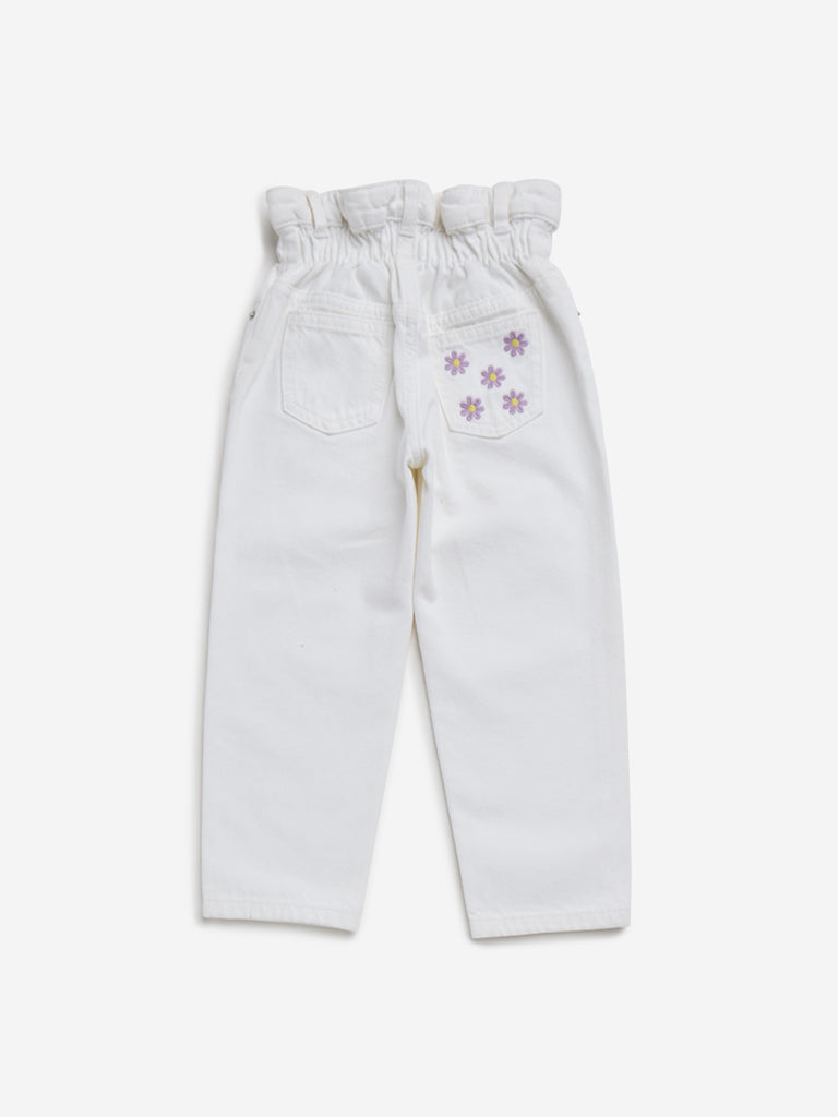 HOP Kids White Floral-Detailed Straight - Fit High - Rise Jeans