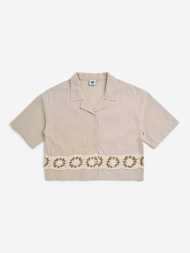 Y&F Kids Beige Crochet-Detailed Cotton Shirt