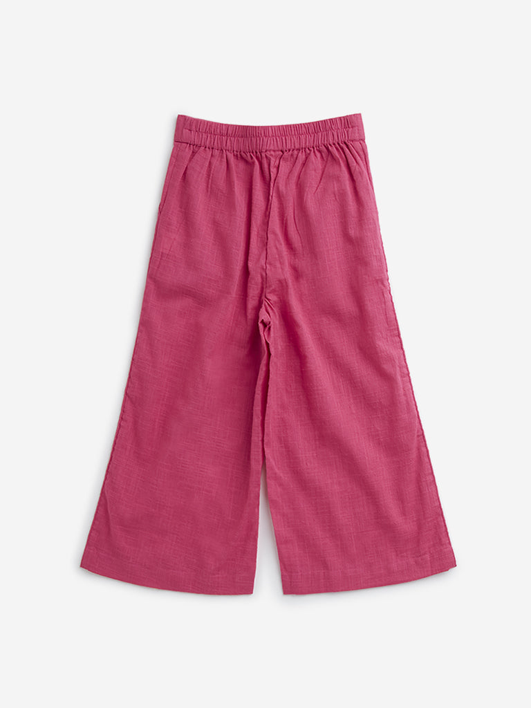 Utsa Kids Dark Pink Solid Mid-Rise Cotton Palazzos - (2 -8yrs)