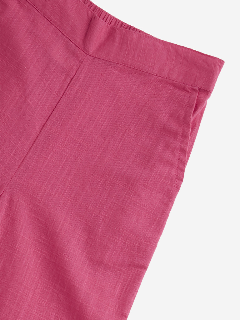 Utsa Kids Dark Pink Solid Mid-Rise Cotton Palazzos - (2 -8yrs)