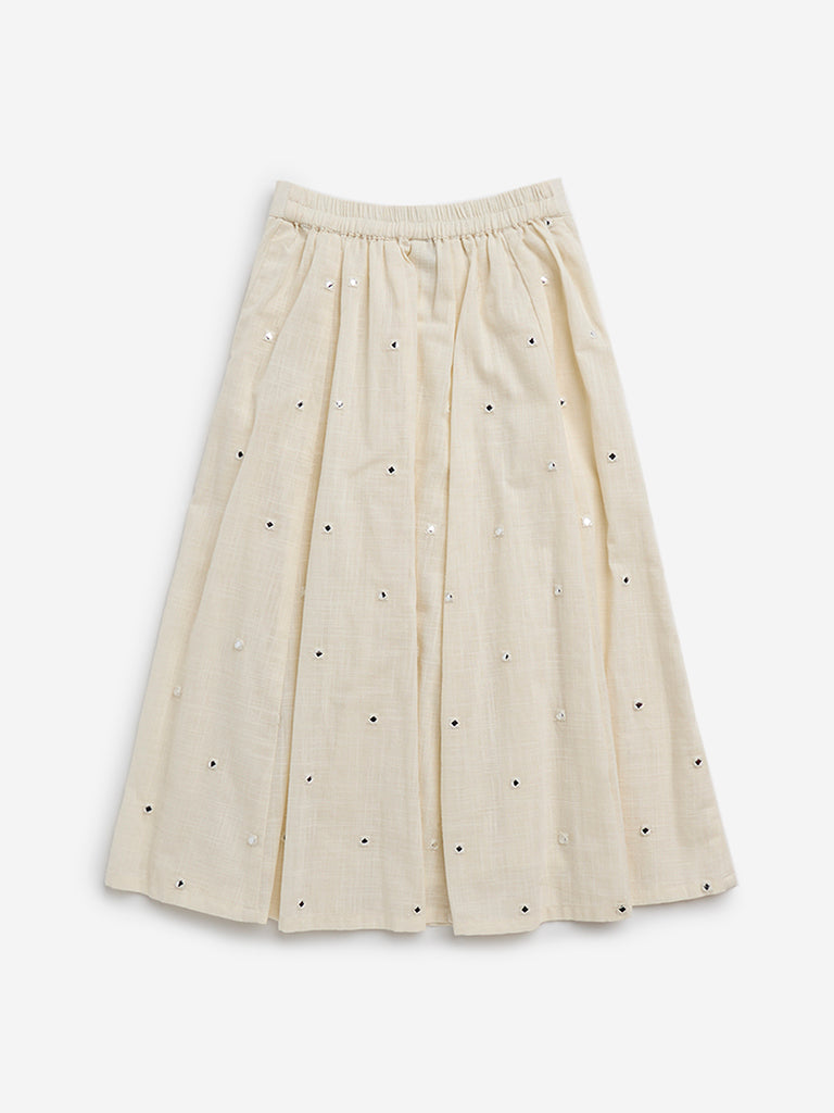 Utsa Kids Off-White Mirror-Work Design High-Rise Cotton Skirt - (2 -8yrs)