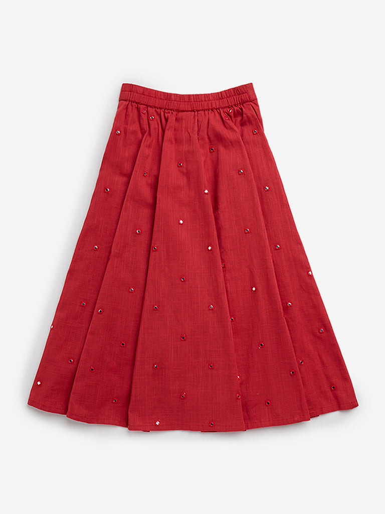 Utsa Kids Red Mirror-Work Design High-Rise Cotton Skirt - (2 -8yrs)