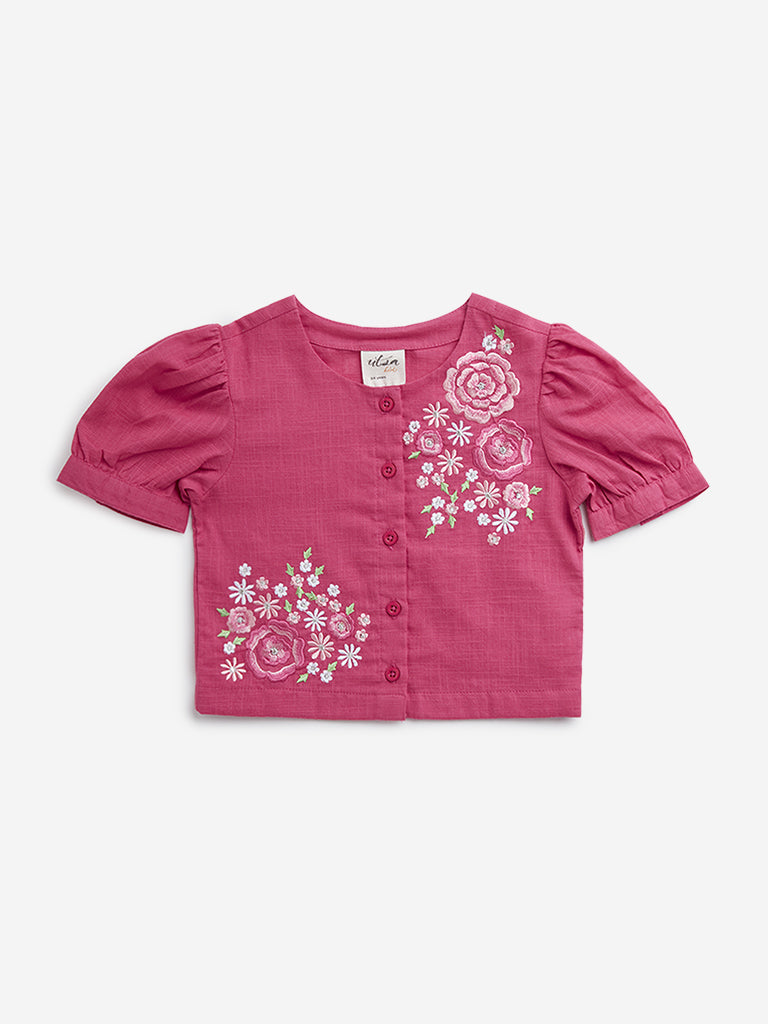 Utsa Kids Dark Pink Floral Embroidered Cotton Ethnic Top - (2 -8yrs)