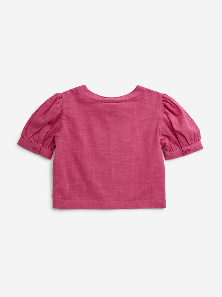 Utsa Kids Dark Pink Floral Embroidered Cotton Ethnic Top - (2 -8yrs)