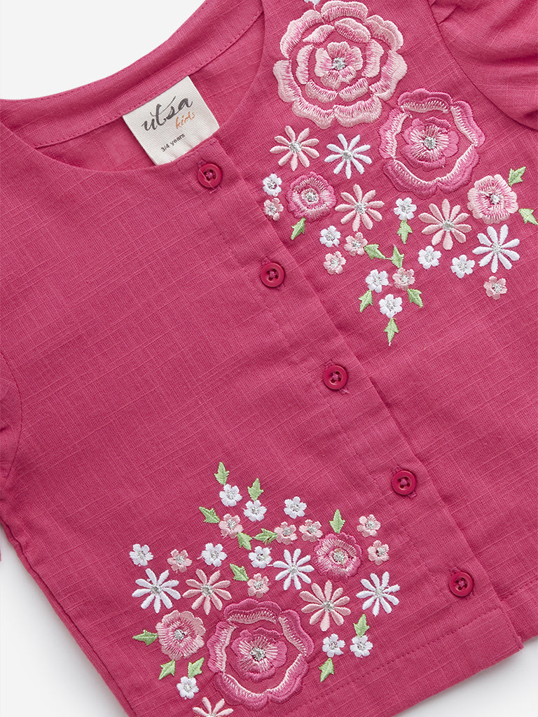 Utsa Kids Dark Pink Floral Embroidered Cotton Ethnic Top - (2 -8yrs)