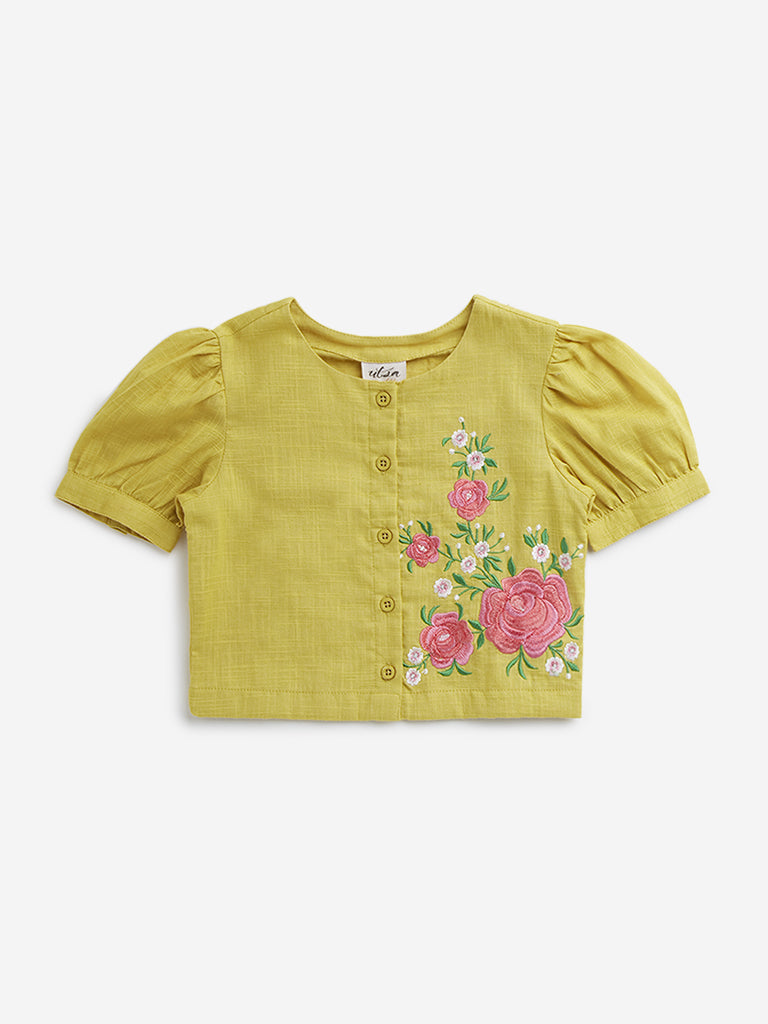 Utsa Kids Yellow Floral Embroidered Cotton Ethnic Top - (2 -8yrs)