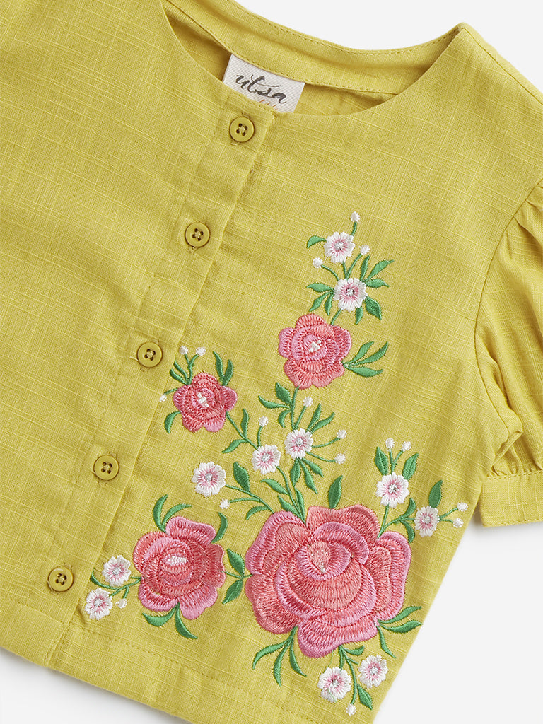 Utsa Kids Yellow Floral Embroidered Cotton Ethnic Top - (2 -8yrs)