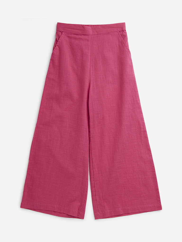 Utsa Kids Dark Pink Solid Mid-Rise Cotton Palazzos - (8 -14yrs)