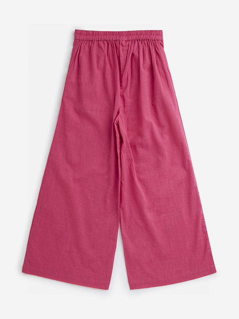 Utsa Kids Dark Pink Solid Mid-Rise Cotton Palazzos - (8 -14yrs)