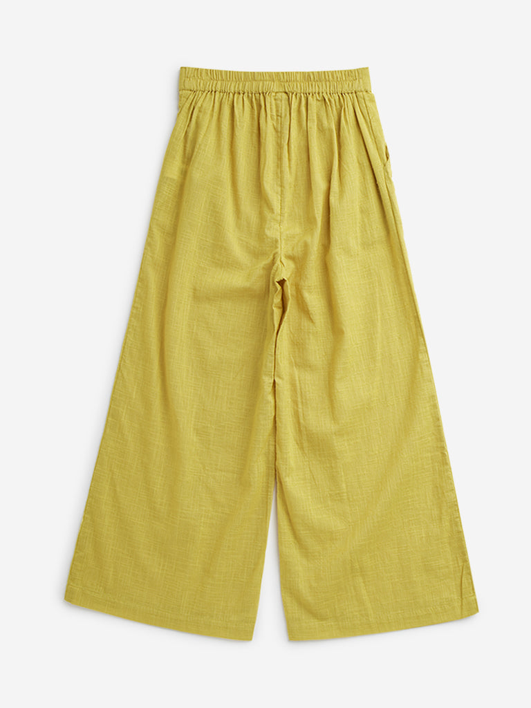 Utsa Kids Yellow Solid Mid-Rise Cotton Palazzos - (8 -14yrs)