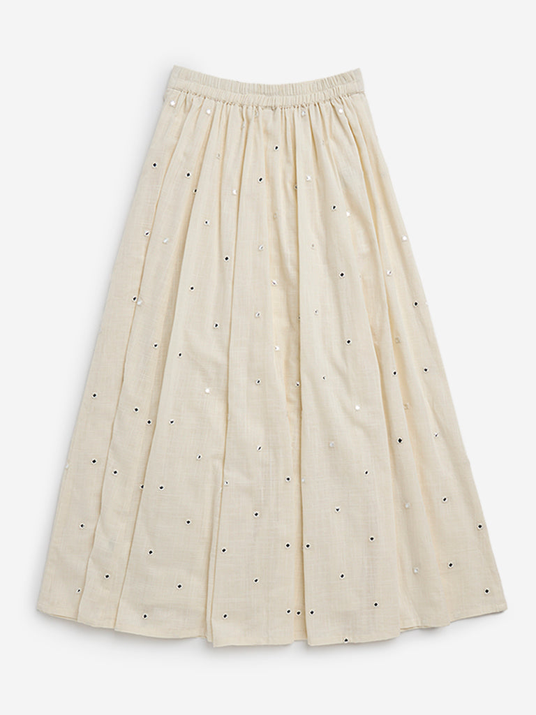 Utsa Kids Off-White Embellished High-Rise Cotton Skirt - (8 -14yrs)