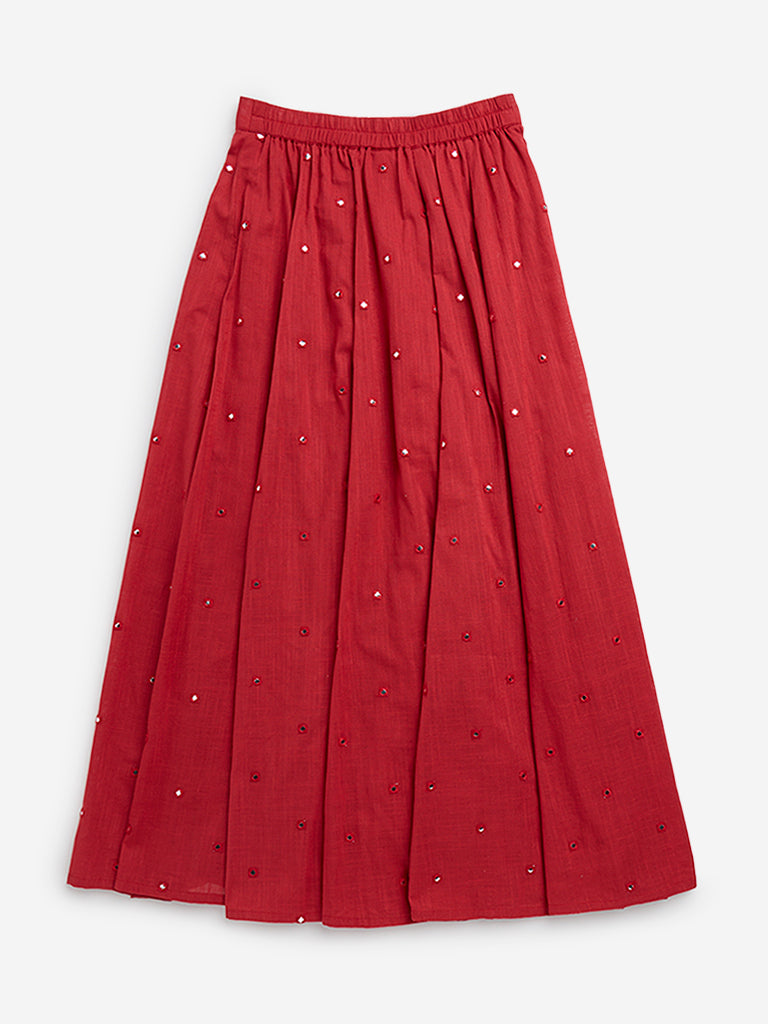 Utsa Kids Red Embellished High-Rise Cotton Skirt - (8 -14yrs)