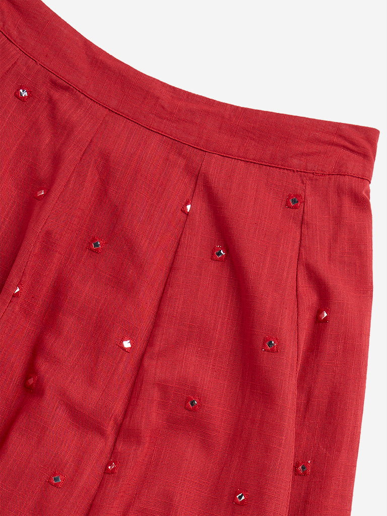 Utsa Kids Red Embellished High-Rise Cotton Skirt - (8 -14yrs)