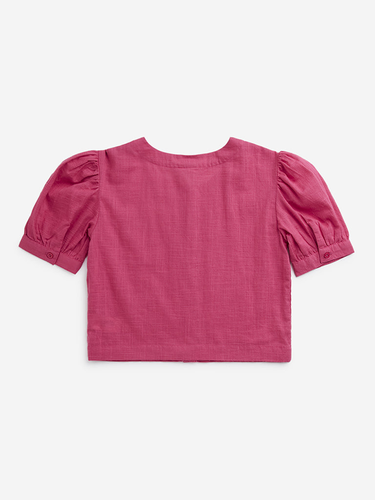 Utsa Kids Dark Pink Floral Embroidered Cotton Ethnic Top - (8 -14yrs)